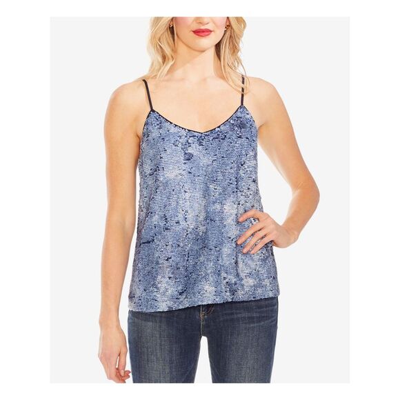 VINCE CAMUTO Tops - VINCE CAMUTO Womens Blue Sequined Spaghetti Strap V Neck Tank Top Size: S